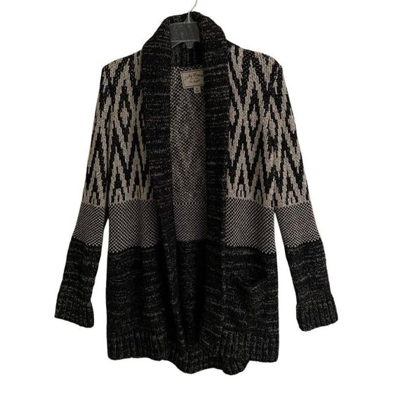 Lucky Brand Stargazer Chevron wool blend open long cardigan women’s M black gray - Picture 2 of 9